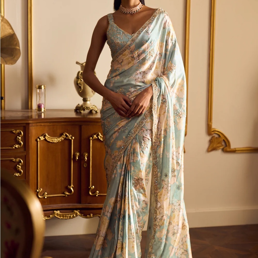 Lashkaraa Dusty Mint Floral Printed Saree NWT
